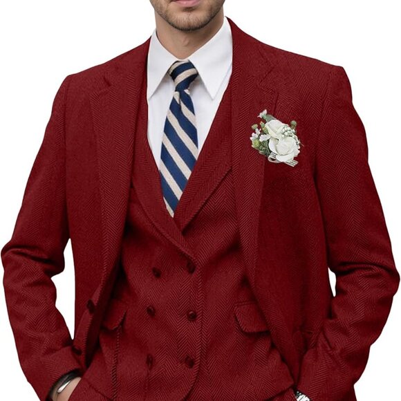 Burgundy Tweed Herringbone 3-Piece Suit Set for Men - Perfect for Weddings - Picture 1 of 5